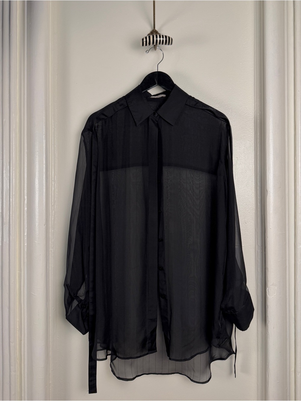 St. Agni Black Sheer Oversized Silk Chiffon Long-Sleeve Blouse